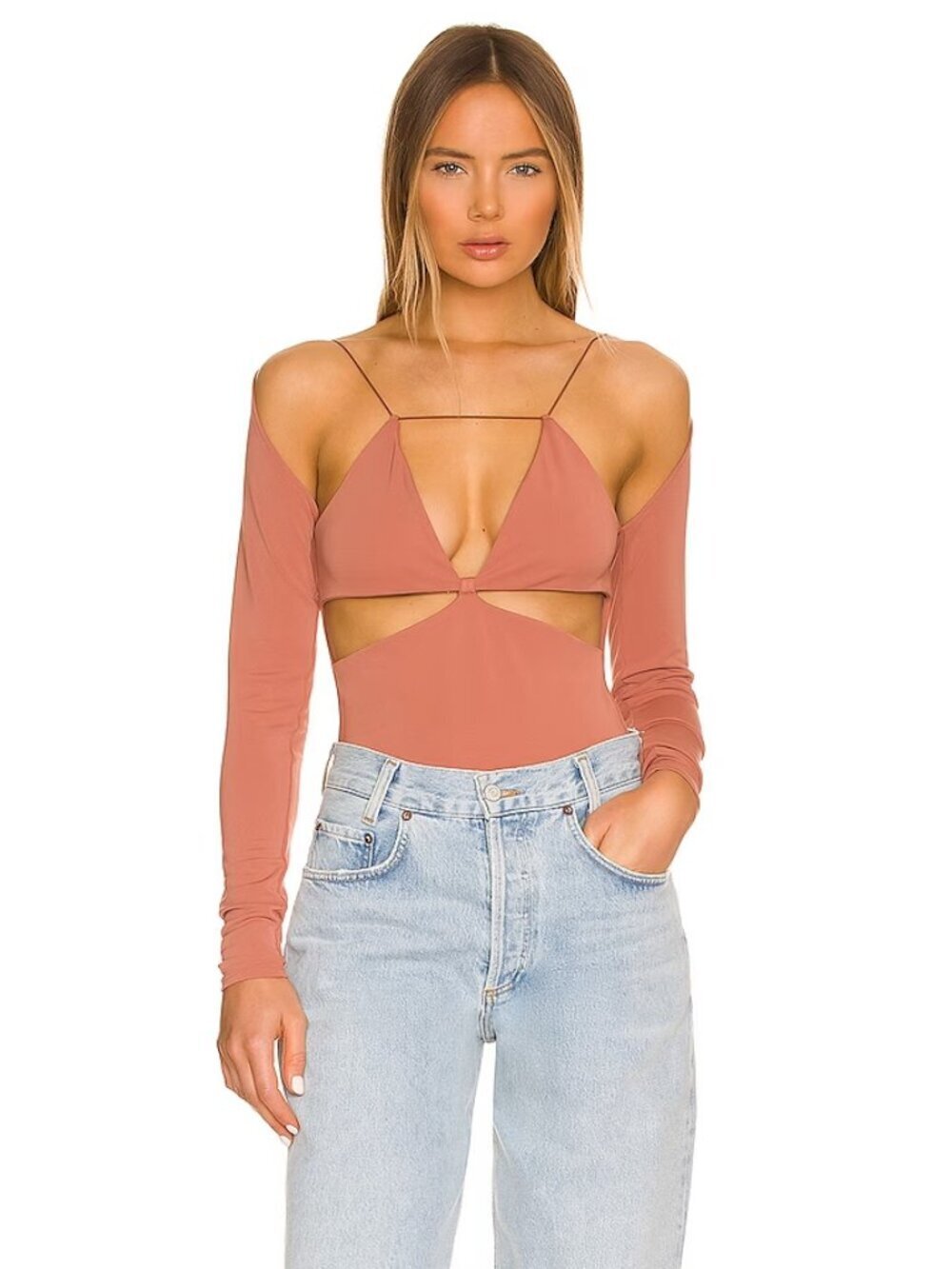 NOT YOURS TO KEEP Thierry Rosewood Pink Jersey Cut Out Thong Bodysuit, Size XS